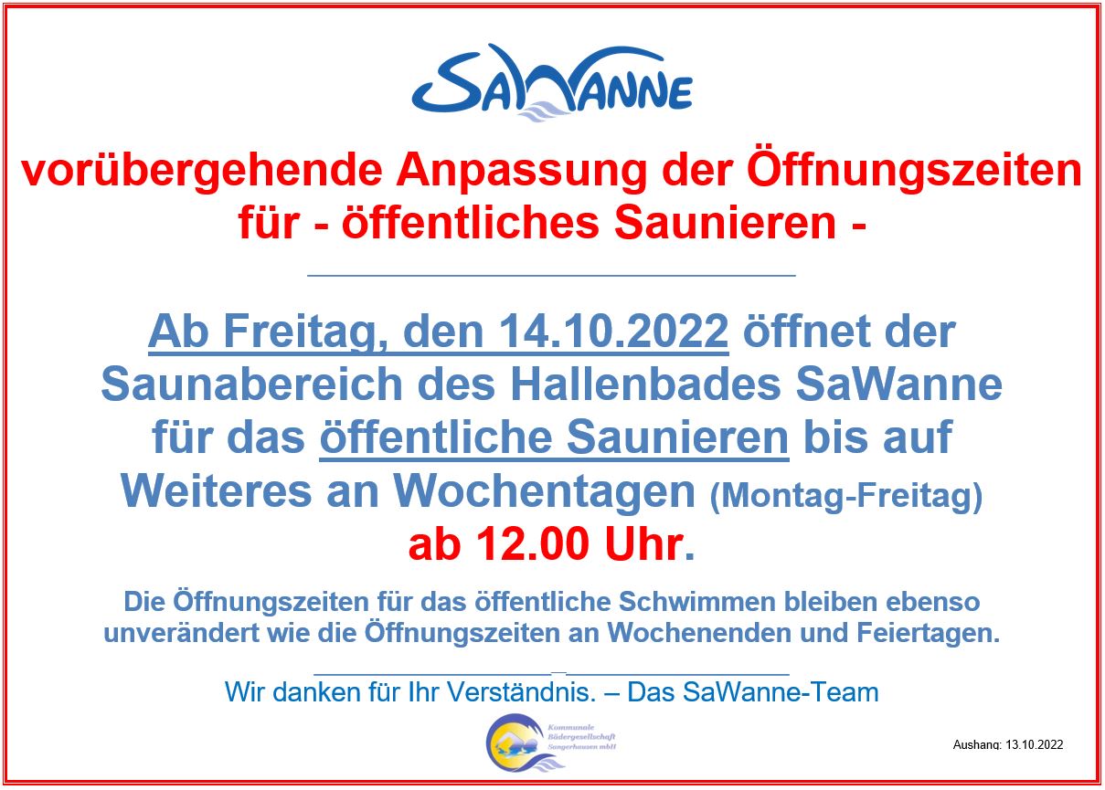 Anpassung Saunaffnungszeiten 13102022