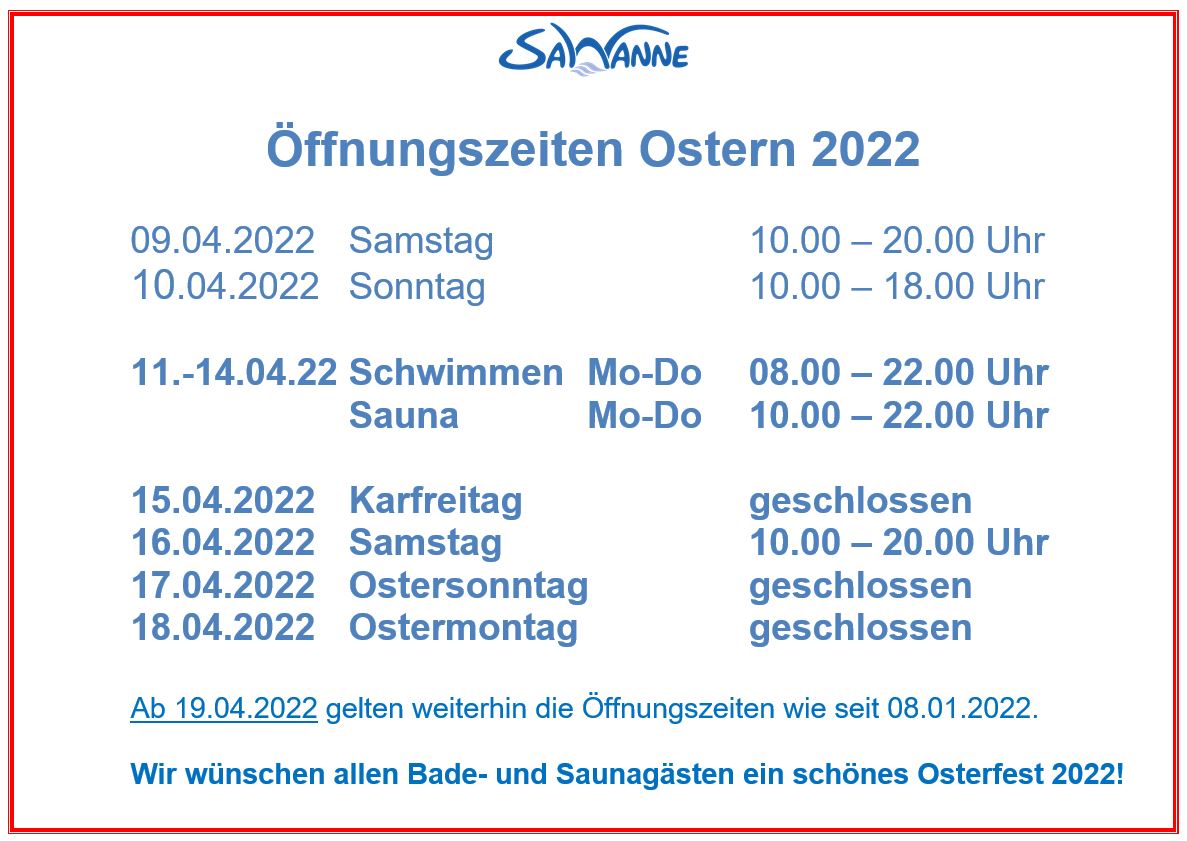 Hallenbad SaWanne - Öffnungszeiten in den Osterferien 2022 - Öffentliches Schwimmen und Saunieren