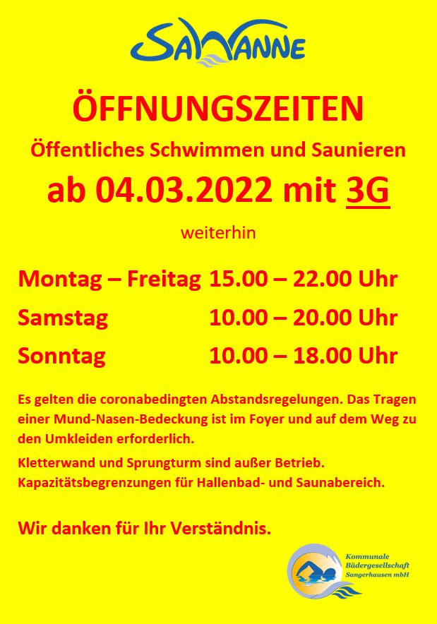 SaWanne geöffnet - Zutritt nach 3G-Regel