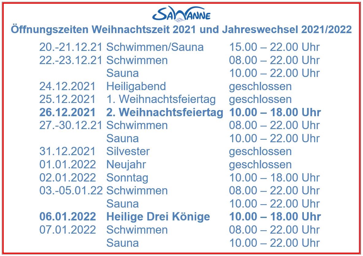 Öffnungszeiten zur Weihnachtszeit und dem Jahreswechsel